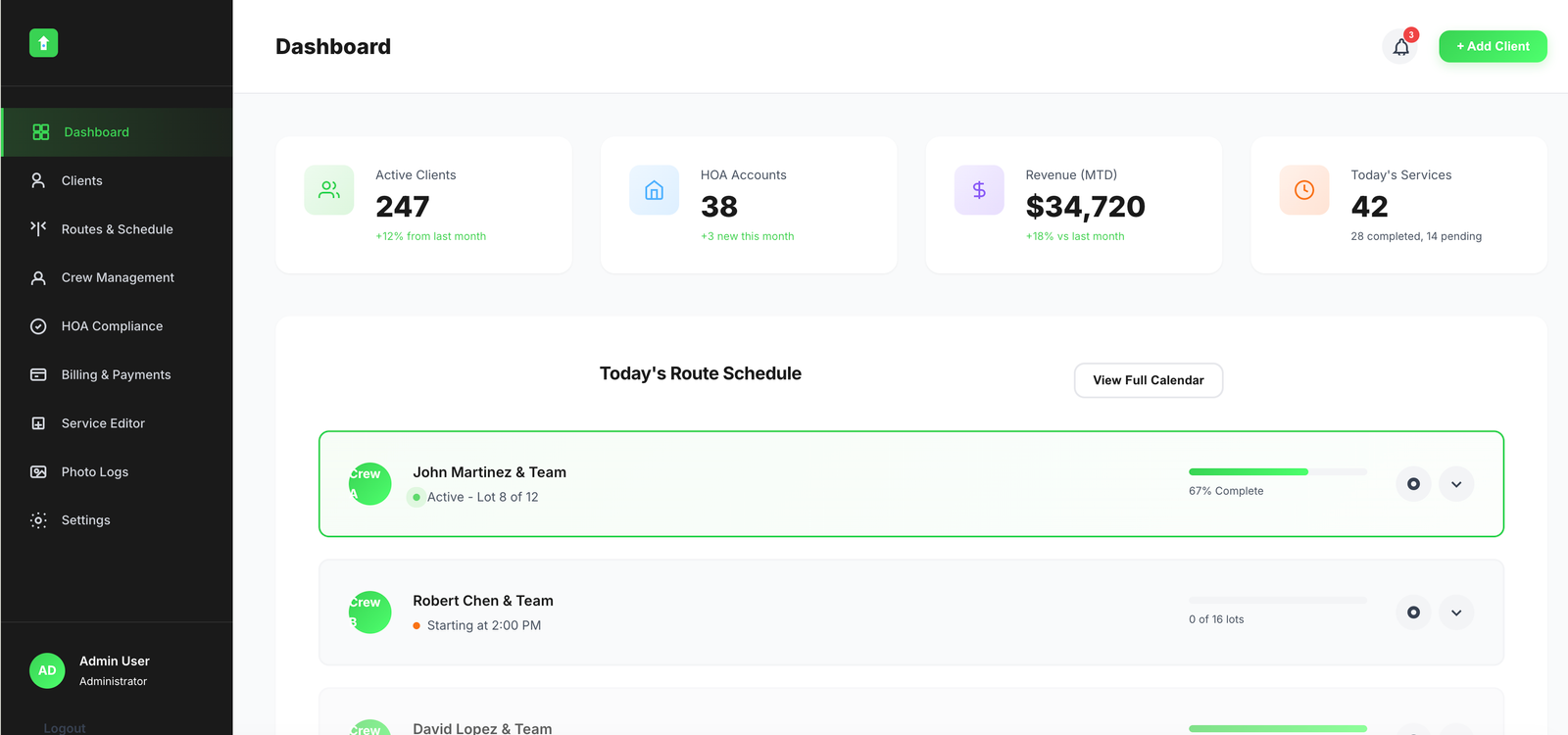 Klevr Lawns Website Dashboard